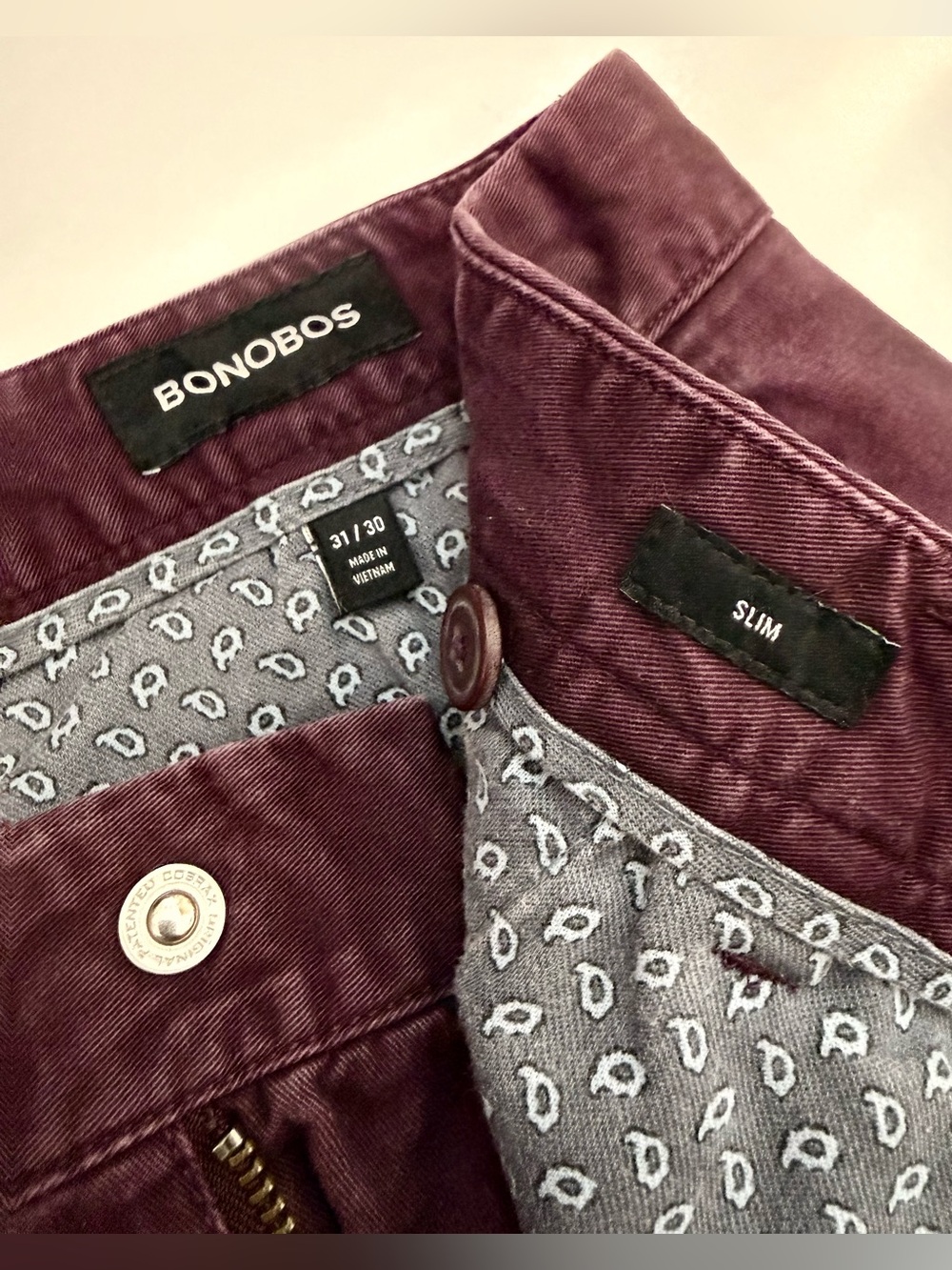 NEW BONOBOS Pants Men 31x30” Chino Slim Straight Burgundy Cotton Stretch Preppy - Picture 12 of 15